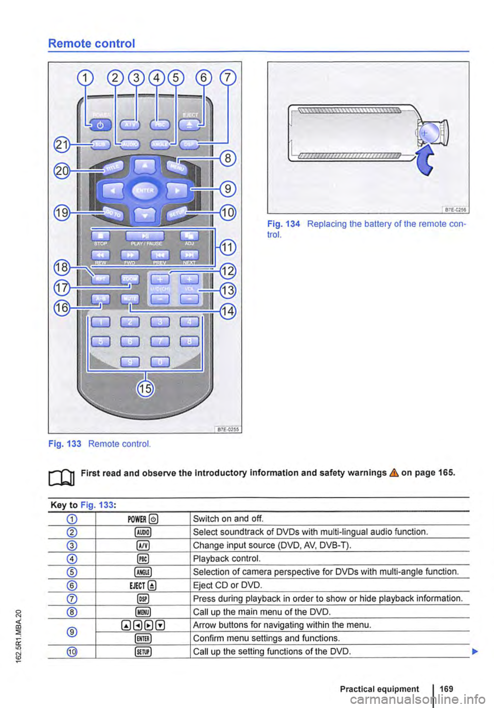 VOLKSWAGEN TRANSPORTER 2014  Owners Manual Remote control 
Fig. 133 Remote control. 
[::::::::::::::::::::::vm 
81£.(256 
Fig. 134 Replacing the battery of the remote con-trol. 
[QJ First read and observe the Introductory Information and safe
