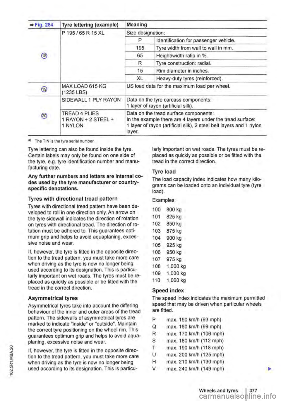 VOLKSWAGEN TRANSPORTER 2014  Owners Manual 284 Tyre lettering (example) Meaning 
P 195 /65 R 15 XL Size designation: p Identification for passenger vehicle. 
195 Tyre width from wall to wall in mm. 
@ 65 HeighUwidth ratio in %. 
R Tyre constru