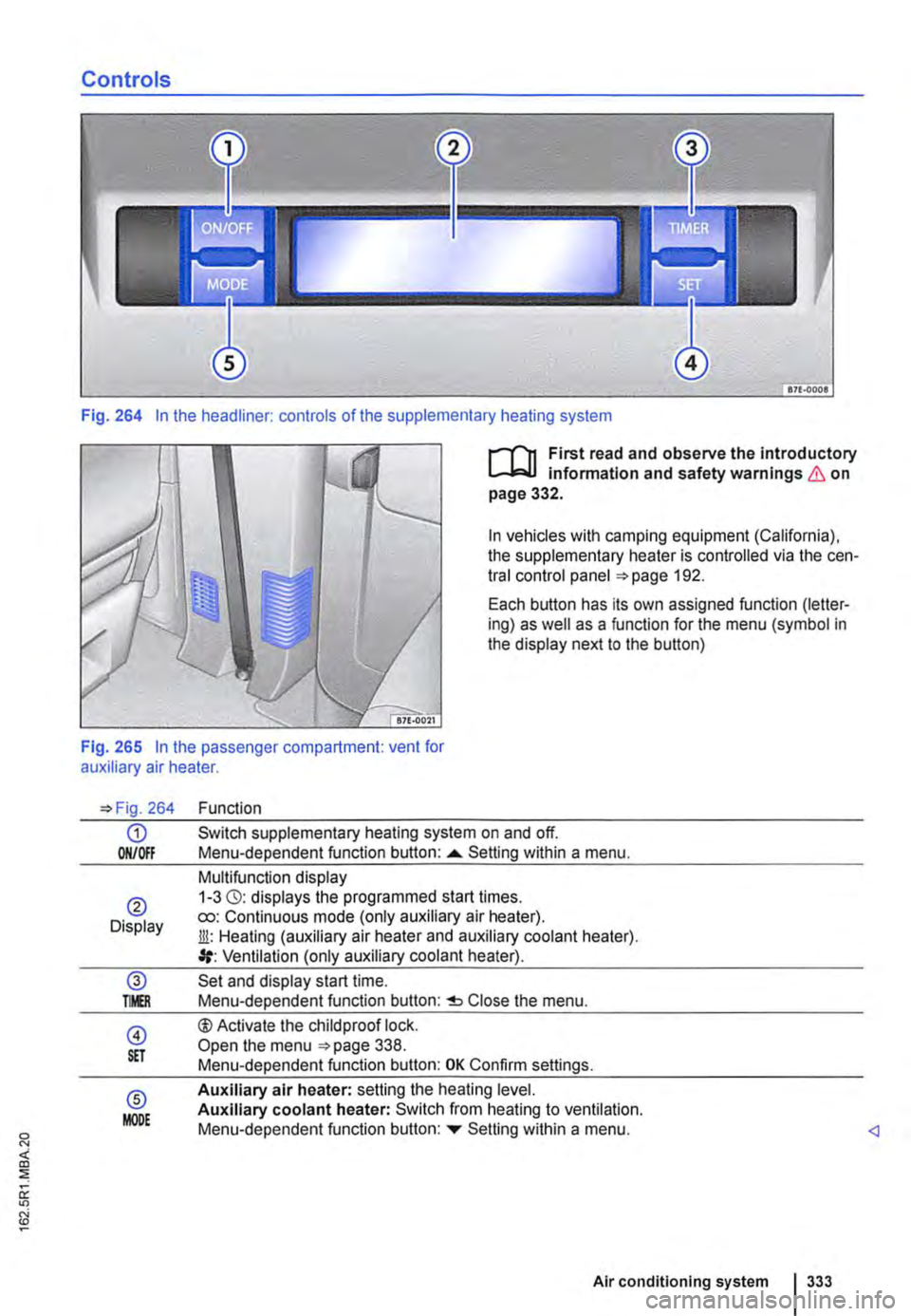 VOLKSWAGEN TRANSPORTER 2013  Owners Manual Controls 
Fig. 264 In the headliner: controls of the supplementary heating system 
I""""Tn First read and observe the introductory l.-..1=.1.1 infonmatlon and safety warnings & on page 332. 
In vehic