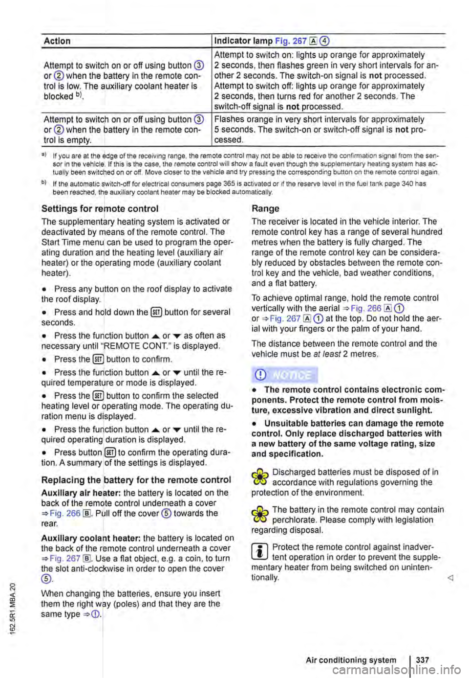 VOLKSWAGEN TRANSPORTER 2013  Owners Manual Action Indicator lamp Fig. 267 
Attempt to switch on: lights up orange for approximately Attempt to switch on or off using button @ or@ when the battery in the remote con-trol is low. The auxiliary co