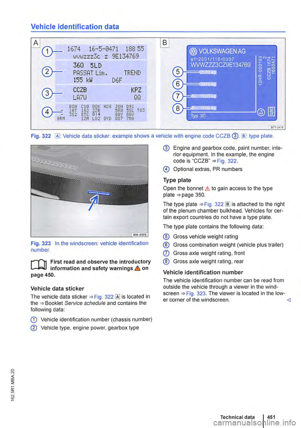 VOLKSWAGEN TRANSPORTER 2013  Owners Manual Vehicle identification data 
A B 
0--1674 16-5-0471 188 55 lN1,1ZZZ3C Z 9E134769 
®-
360 5LD 
PRSSRT Lim. TREND 155 kW D6F 
®---CCZB KPZ 
LRnJ QQ 
BOA CIG GOK H08 JOH 091 IAT IG2 228 5RQ 5SL TQ3 352
