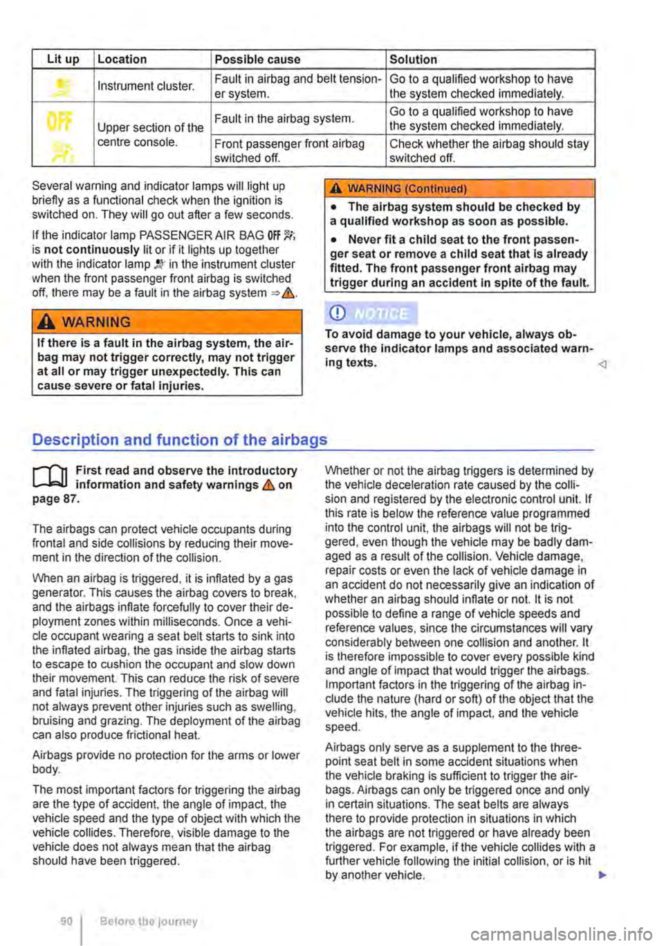 VOLKSWAGEN TRANSPORTER 2013 Owners Manual Lit up Location Possible cause Solution
Instrument cluster. Fault in airbag and belt tension-Go to a qualified workshop to have er system. the system checked immediately.
Fault in the airbag syste VOLKSWAGEN TRANSPORTER 2013 Owners Manual Lit up Location Possible cause Solution
Instrument cluster. Fault in airbag and belt tension-Go to a qualified workshop to have er system. the system checked immediately.
Fault in the airbag syste