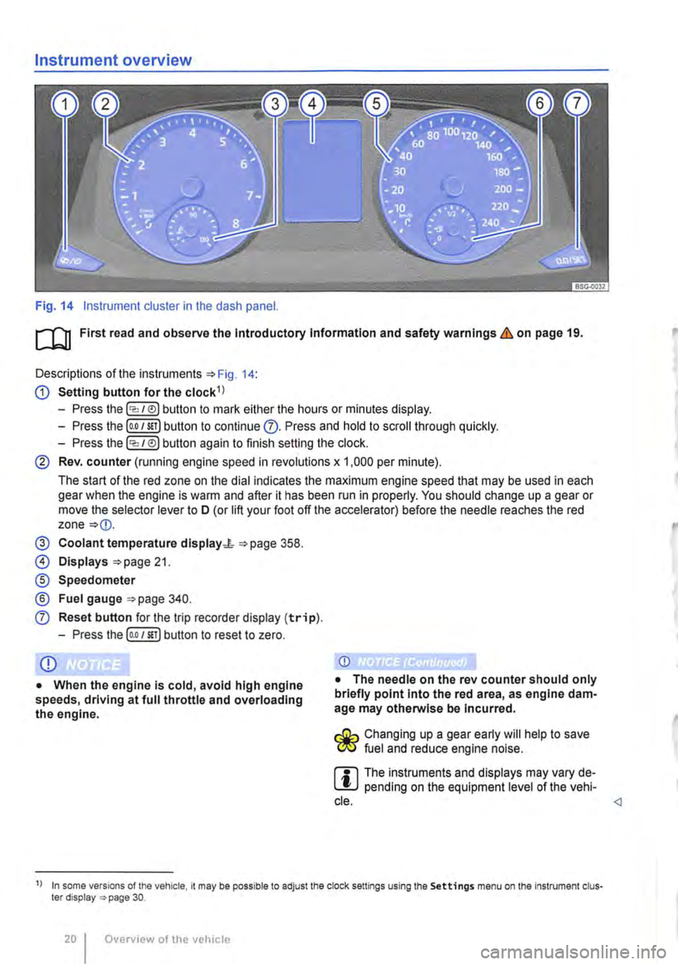 VOLKSWAGEN TRANSPORTER 2011  Owners Manual Instrument overview 
Fig. 14 Instrument cluster in the dash panel. 
m First read and observe the Introductory Information and safety warnings & on page 19. 
Descriptions of the instruments 14: 
G) Set