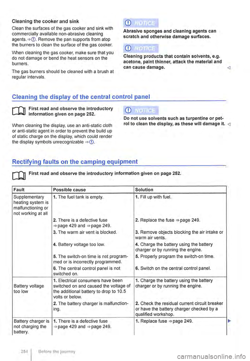 VOLKSWAGEN TRANSPORTER 2011  Owners Manual Cleaning the cooker and sink 
Clean the surfaces of the gas cooker and sink with commercially available non-abrasive cleaning Remove the pan supports from atop the burners to clean the surface of the 