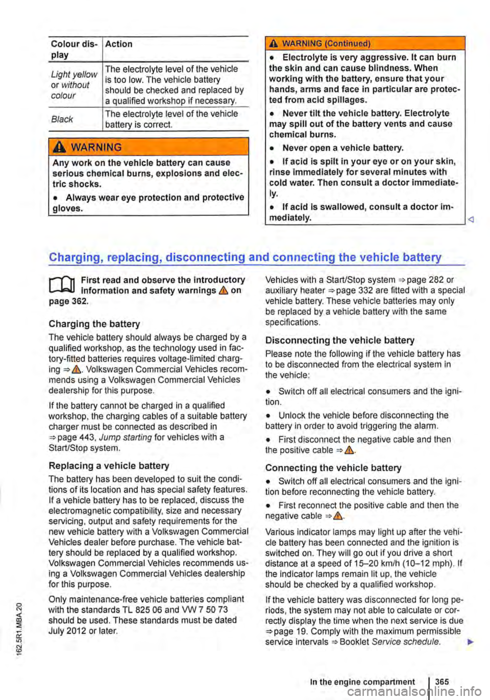 VOLKSWAGEN TRANSPORTER 2011  Owners Manual Colour dis-Action play 
Light yellow The electrolyte level of the vehicle 
or without is too low. The vehicle battery 
colour should be checked and replaced by a qualified workshop if necessary. 
Blac