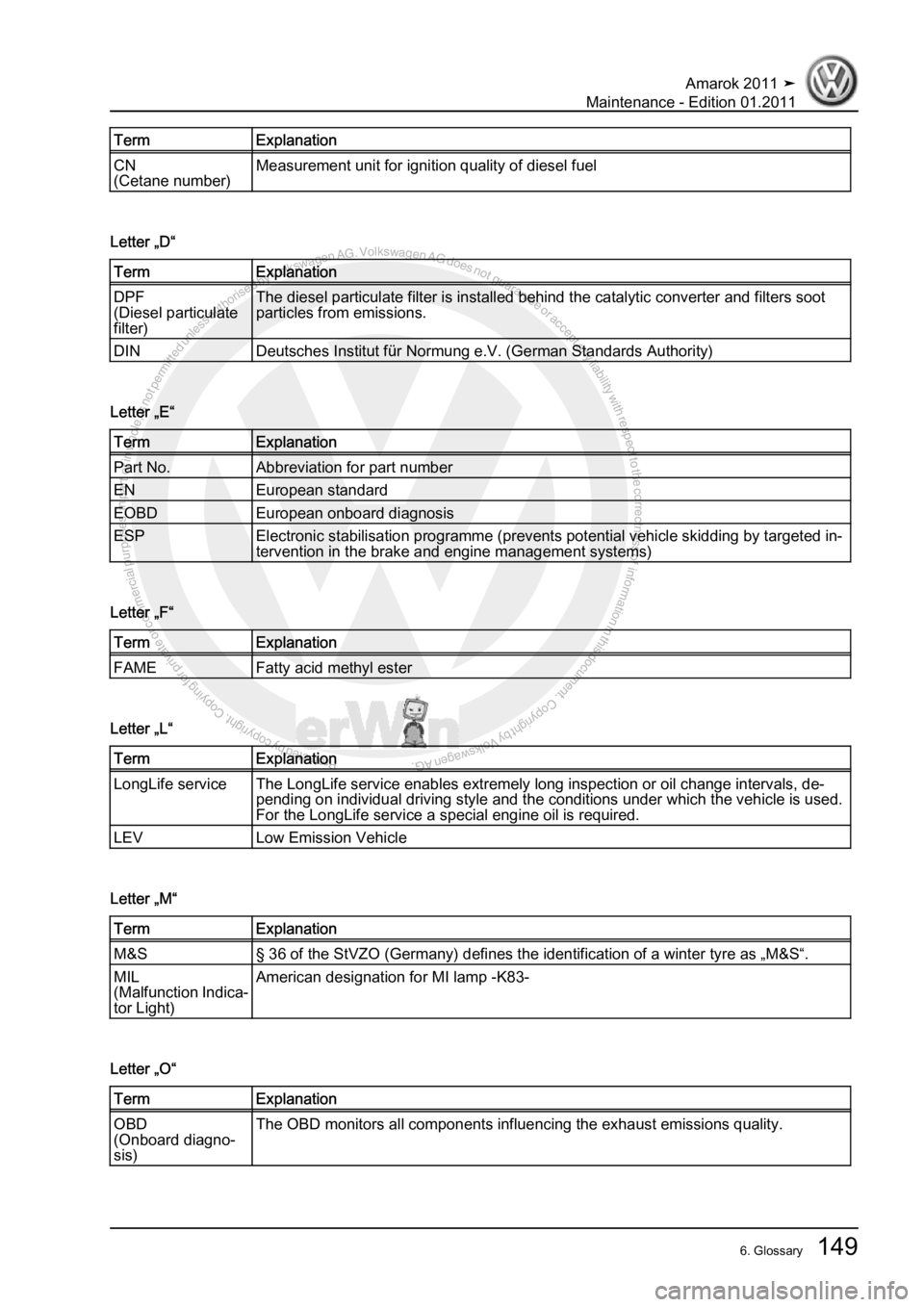 VOLKSWAGEN AMAROK 2010  Service Manual Protected by copyright. Copying for private or commercial purposes, in partor in whole, is not permitted unless authorised by Volkswagen AG. Volkswagen AG does notguarantee or accept any liability wit