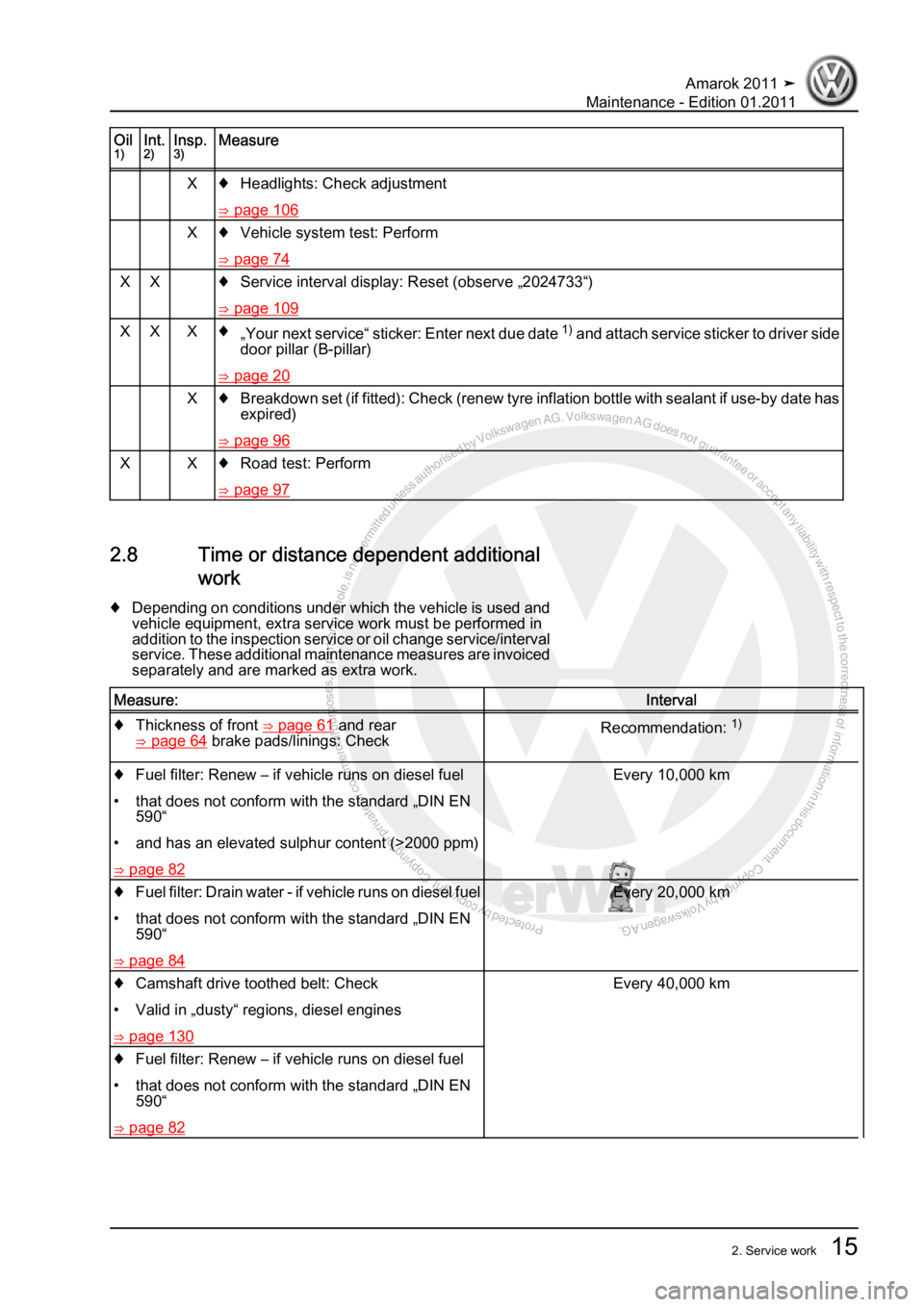 VOLKSWAGEN AMAROK 2010  Service Manual Protected by copyright. Copying for private or commercial purposes, in partor in whole, is not permitted unless authorised by Volkswagen AG. Volkswagen AG does notguarantee or accept any liability wit