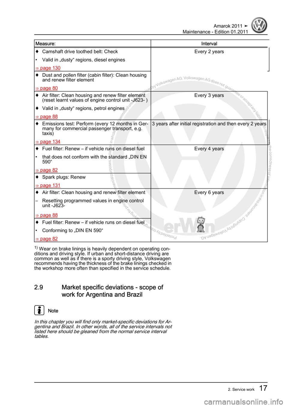 VOLKSWAGEN AMAROK 2010  Service Manual Protected by copyright. Copying for private or commercial purposes, in partor in whole, is not permitted unless authorised by Volkswagen AG. Volkswagen AG does notguarantee or accept any liability wit