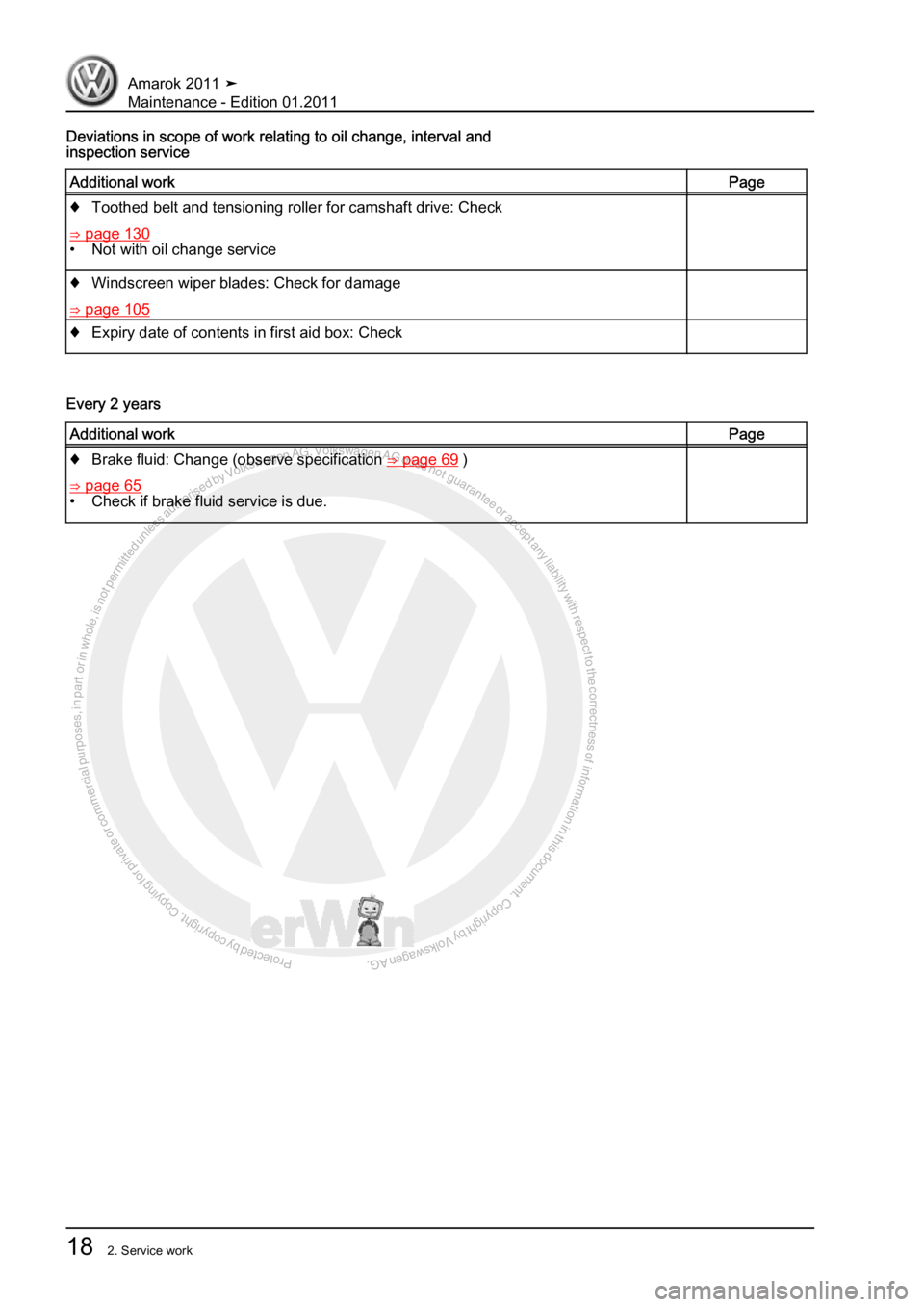 VOLKSWAGEN AMAROK 2010  Service Manual Protected by copyright. Copying for private or commercial purposes, in partor in whole, is not permitted unless authorised by Volkswagen AG. Volkswagen AG does notguarantee or accept any liability wit