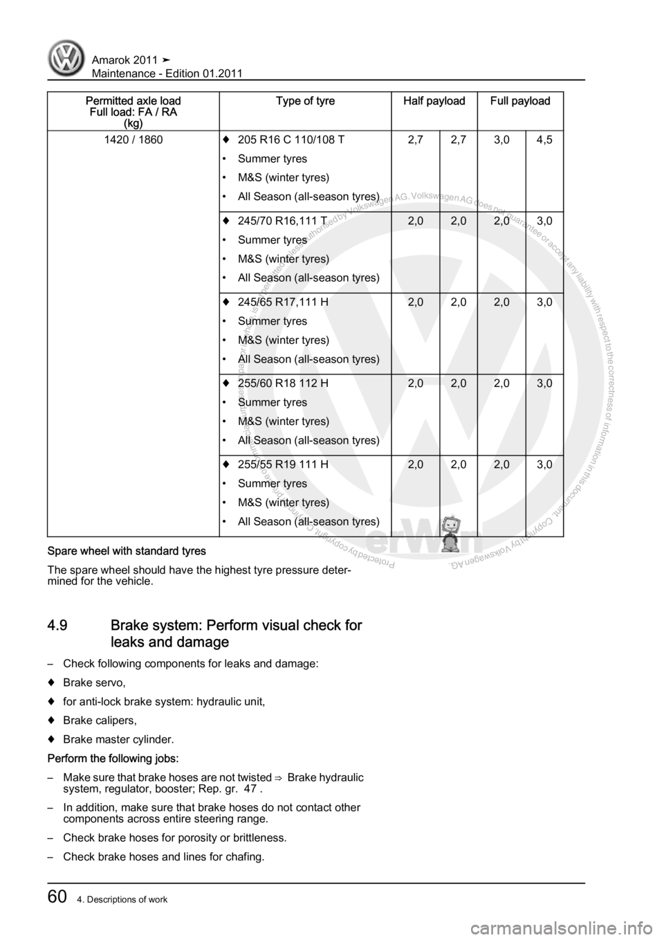 VOLKSWAGEN AMAROK 2010  Service Manual Protected by copyright. Copying for private or commercial purposes, in partor in whole, is not permitted unless authorised by Volkswagen AG. Volkswagen AG does notguarantee or accept any liability wit