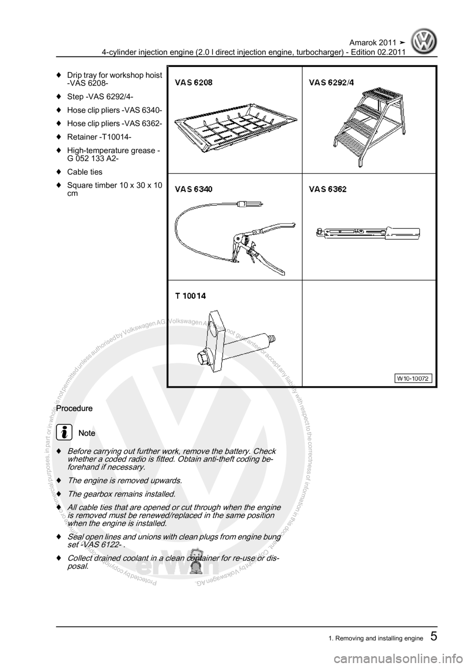 VOLKSWAGEN AMAROK 2011  Workshop Manual Protected by copyright. Copying for private or commercial purposes, in partor in whole, is not permitted unless authorised by Volkswagen AG. Volkswagen AG does notguarantee or accept any liability wit