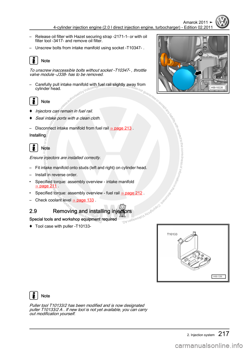 VOLKSWAGEN AMAROK 2011  Workshop Manual Protected by copyright. Copying for private or commercial purposes, in partor in whole, is not permitted unless authorised by Volkswagen AG. Volkswagen AG does notguarantee or accept any liability wit