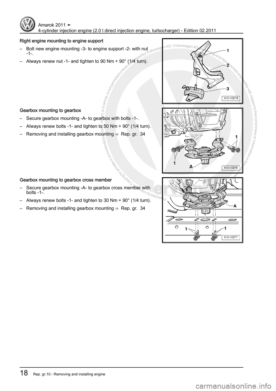 VOLKSWAGEN AMAROK 2011  Workshop Manual Protected by copyright. Copying for private or commercial purposes, in partor in whole, is not permitted unless authorised by Volkswagen AG. Volkswagen AG does notguarantee or accept any liability wit