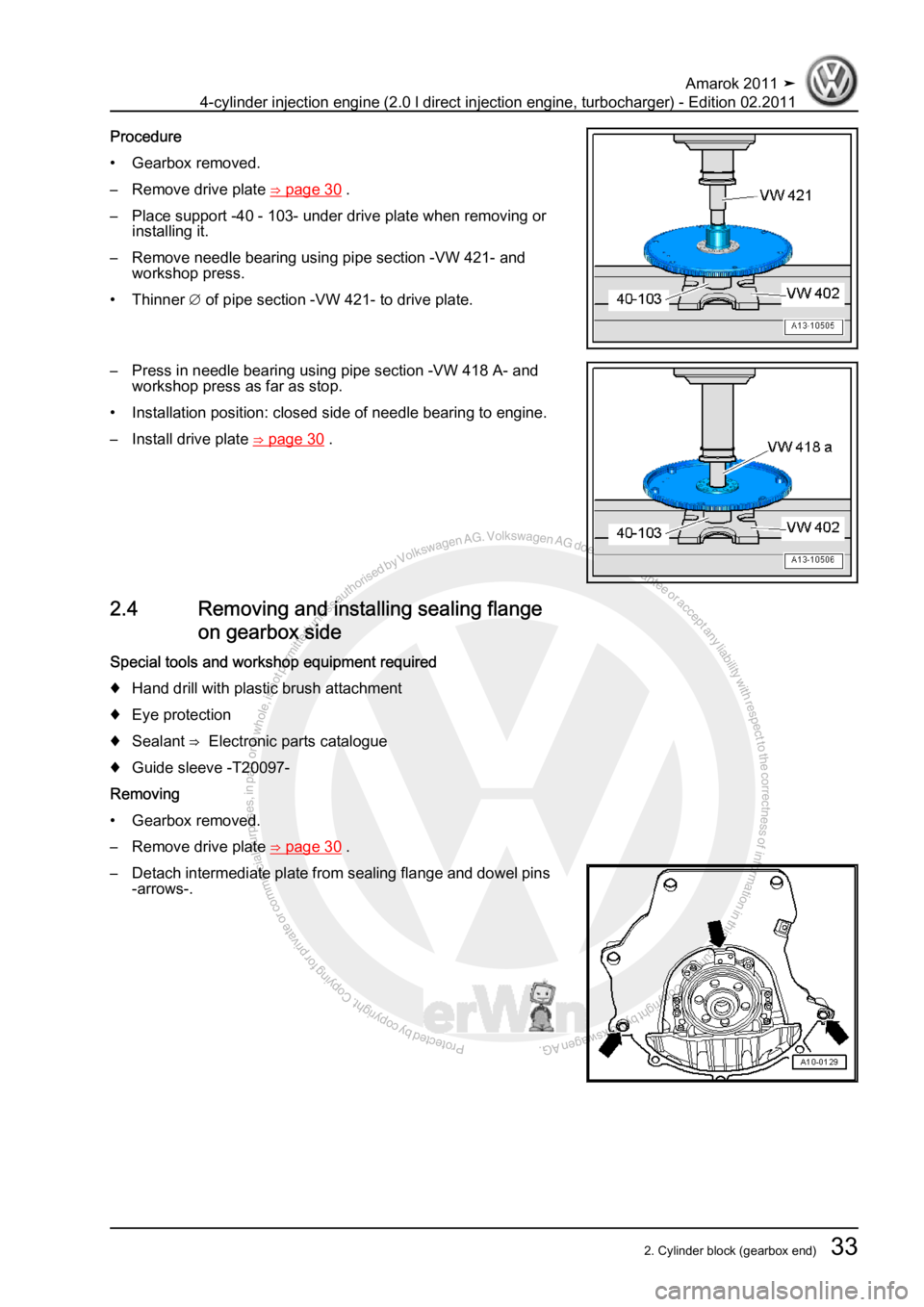VOLKSWAGEN AMAROK 2011  Workshop Manual Protected by copyright. Copying for private or commercial purposes, in partor in whole, is not permitted unless authorised by Volkswagen AG. Volkswagen AG does notguarantee or accept any liability wit