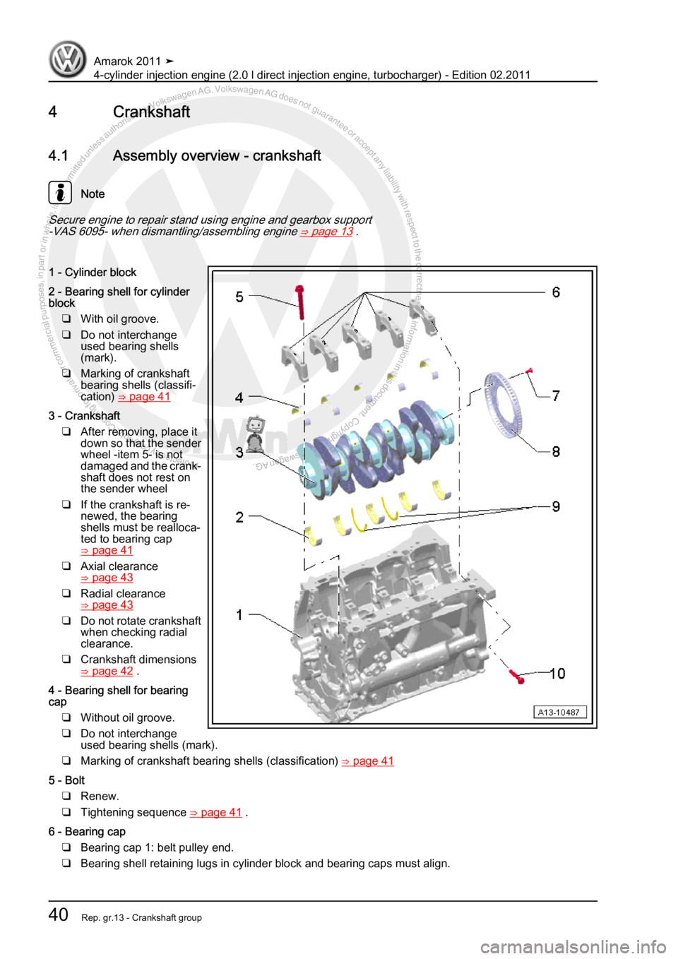 VOLKSWAGEN AMAROK 2011  Workshop Manual Protected by copyright. Copying for private or commercial purposes, in partor in whole, is not permitted unless authorised by Volkswagen AG. Volkswagen AG does notguarantee or accept any liability wit