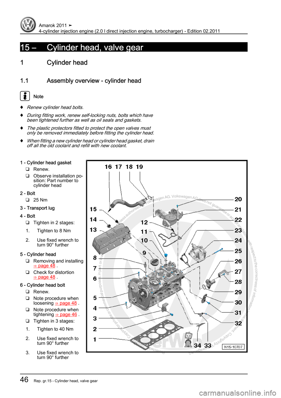 VOLKSWAGEN AMAROK 2011  Workshop Manual Protected by copyright. Copying for private or commercial purposes, in partor in whole, is not permitted unless authorised by Volkswagen AG. Volkswagen AG does notguarantee or accept any liability wit