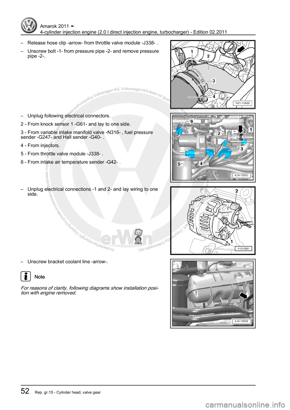 VOLKSWAGEN AMAROK 2011  Workshop Manual Protected by copyright. Copying for private or commercial purposes, in partor in whole, is not permitted unless authorised by Volkswagen AG. Volkswagen AG does notguarantee or accept any liability wit