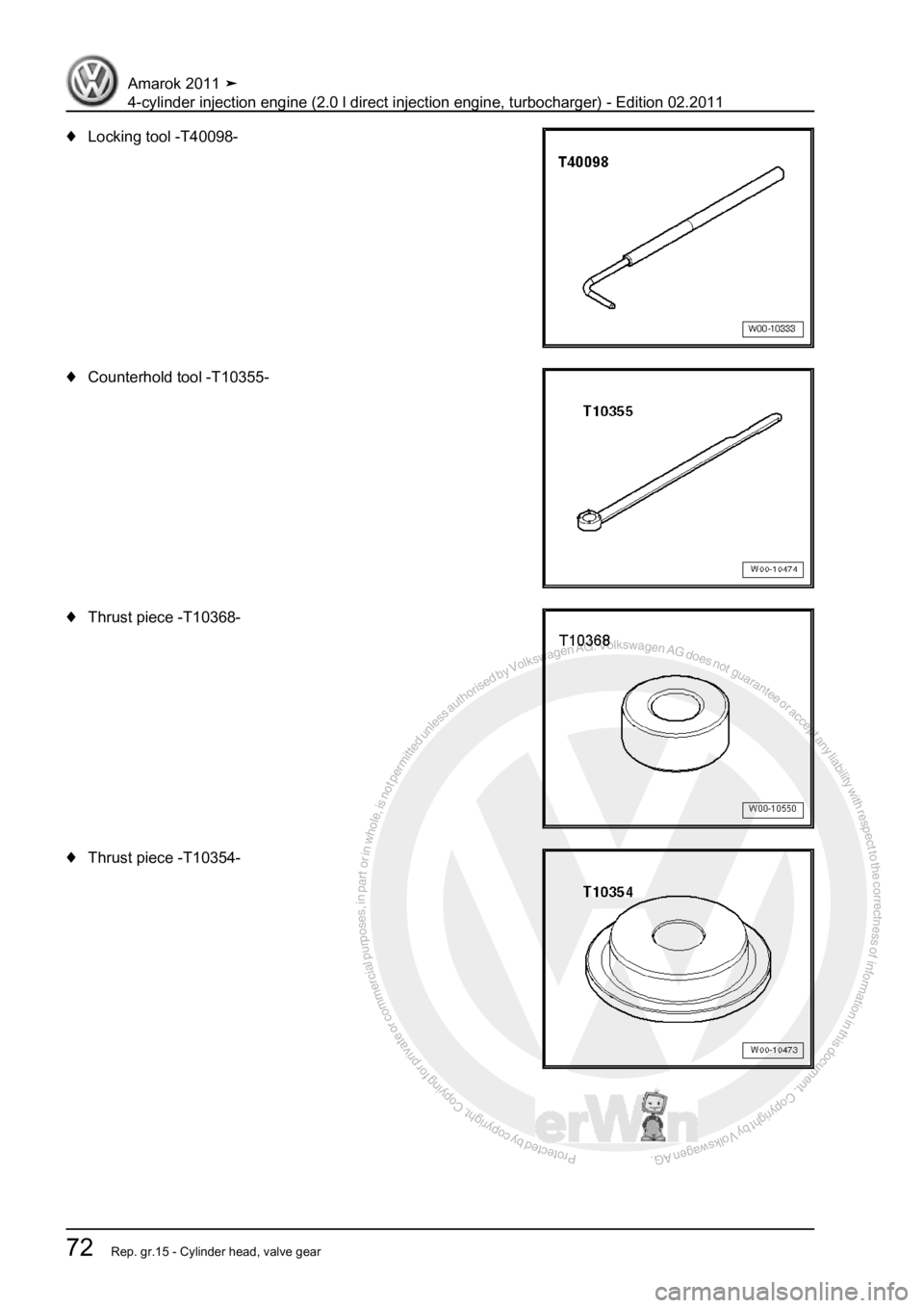 VOLKSWAGEN AMAROK 2011  Workshop Manual Protected by copyright. Copying for private or commercial purposes, in partor in whole, is not permitted unless authorised by Volkswagen AG. Volkswagen AG does notguarantee or accept any liability wit