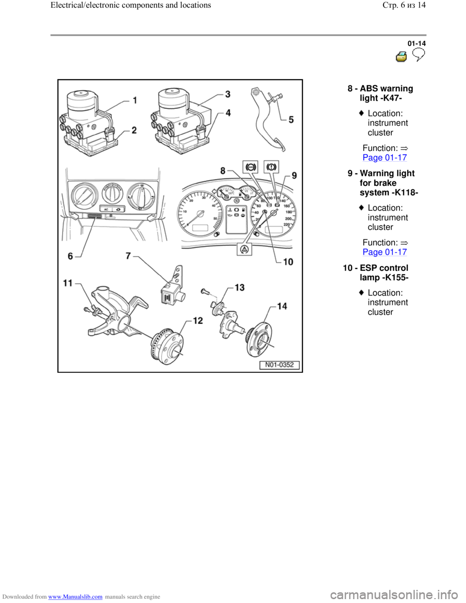 VOLKSWAGEN BORA 1998  Service Manual Downloaded from www.Manualslib.com manuals search engine 01-14
  
 
  
8 - 
ABS warning 
light -K47- 
 
Location: 
instrument 
cluster 
  Function:   
Page 01
-17 
9 - 
Warning light 
for brake 
syste