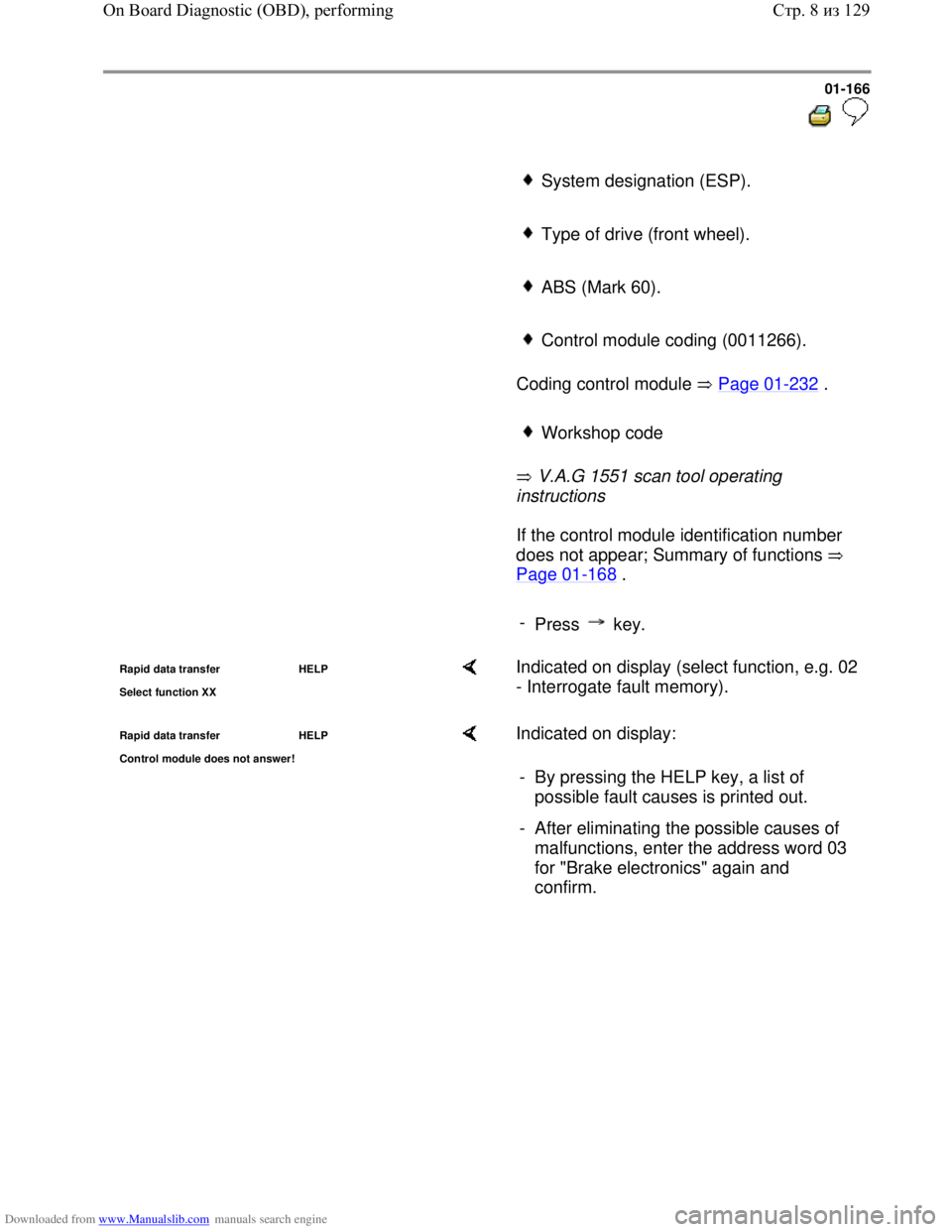 VOLKSWAGEN BORA 1998  Service Manual Downloaded from www.Manualslib.com manuals search engine 01-166
  
 
     System designation (ESP). 
     
Type of drive (front wheel). 
     
ABS (Mark 60). 
     
Control module coding (0011266).
  