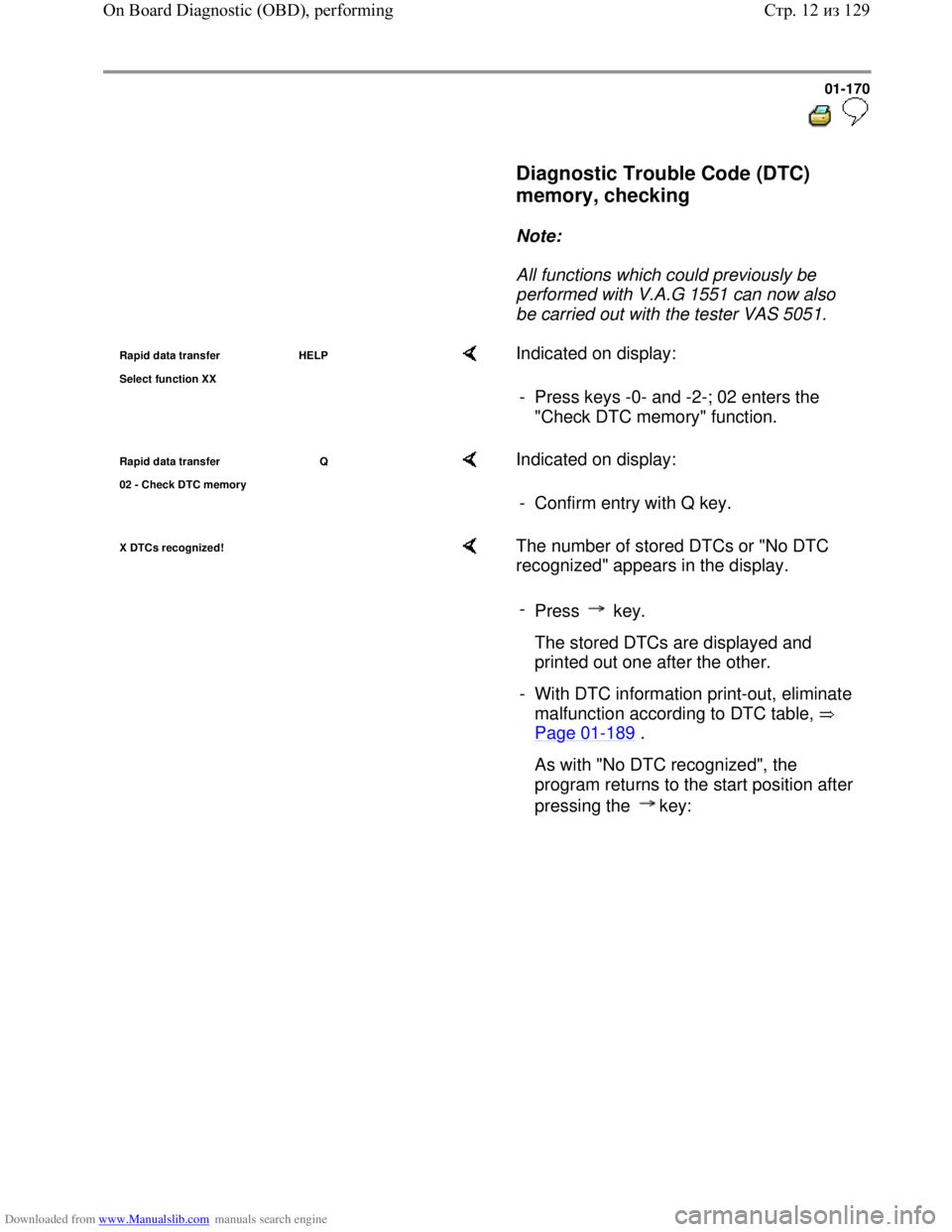 VOLKSWAGEN BORA 1998  Service Manual Downloaded from www.Manualslib.com manuals search engine 01-170
  
 
     Diagnostic Trouble Code (DTC) 
memory, checking 
 
     
Note:  
     All functions which could previously be 
performed with 