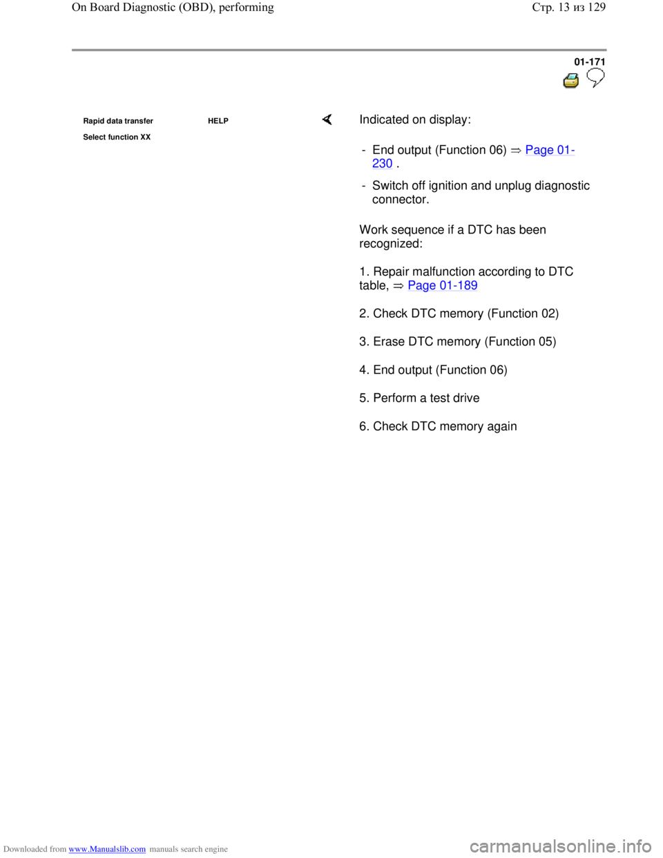 VOLKSWAGEN BORA 1998  Service Manual Downloaded from www.Manualslib.com manuals search engine 01-171
  
 
Rapid data transfer  HELP
Select function XX    Indicated on display:  
Work sequence if a DTC has been 
recognized:  
1. Repair ma