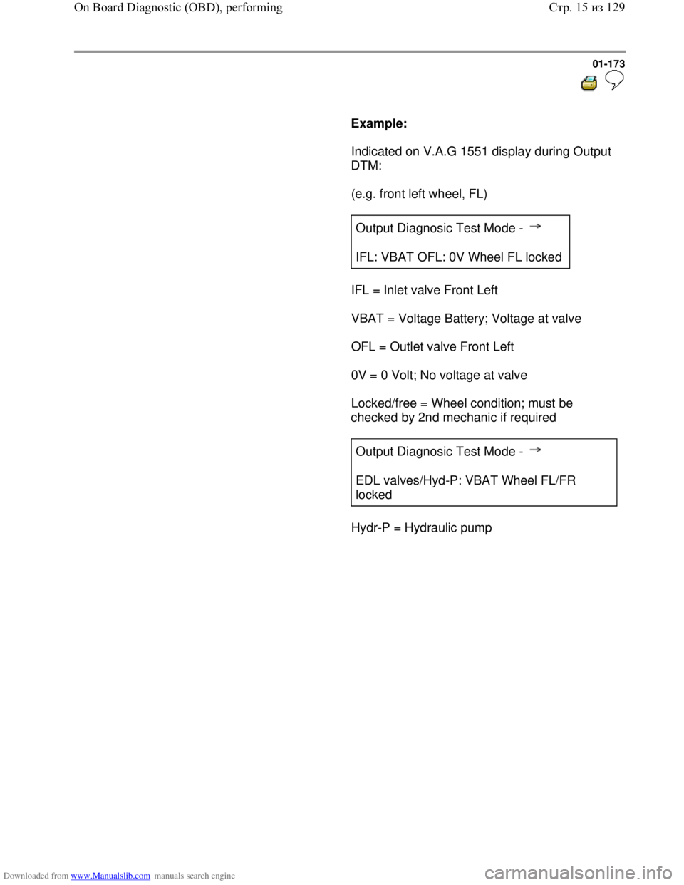 VOLKSWAGEN BORA 1998  Service Manual Downloaded from www.Manualslib.com manuals search engine 01-173
  
 
     
Example:  
      Indicated on V.A.G 1551 display during Output 
DTM:  
      (e.g. front left wheel, FL)  
     
Output Diagn