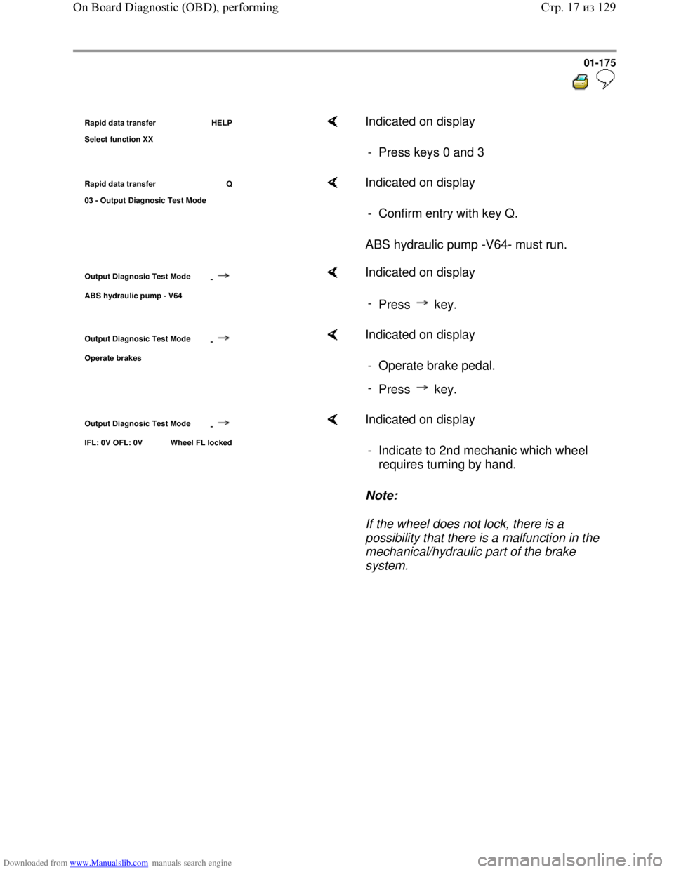 VOLKSWAGEN BORA 1998  Service Manual Downloaded from www.Manualslib.com manuals search engine 01-175
  
 
Rapid data transfer  HELP
Select function XX    Indicated on display  
-  Press keys 0 and 3 
Rapid data transfer  Q
03 - Out
put D