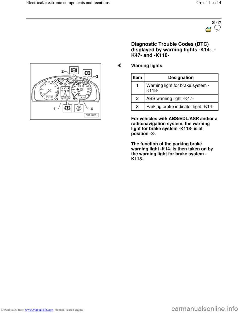 VOLKSWAGEN BORA 1998  Service Manual Downloaded from www.Manualslib.com manuals search engine 01-17
  
 
     Diagnostic Trouble Codes (DTC) 
displayed by warning lights -K14-, -
K47- and -K118- 
 
    Warning lights  
For vehicles with 