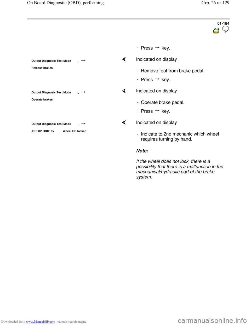 VOLKSWAGEN BORA 1998  Service Manual Downloaded from www.Manualslib.com manuals search engine 01-184
  
 
     
- 
Press  key.
Output Diagnosic Test Mode 
-
Release brakes
    Indicated on display  
-  Remove foot from brake pedal.
- 
Pr