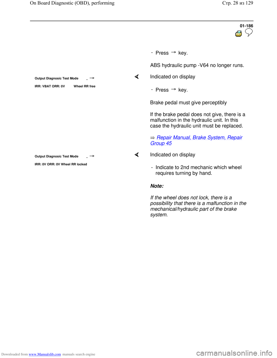 VOLKSWAGEN BORA 1998  Service Manual Downloaded from www.Manualslib.com manuals search engine 01-186
  
 
     
- 
Press  key.
      ABS hydraulic pump -V64 no longer runs.  
Output Diagnosic Test Mode 
-
IRR: VBAT ORR: 0V  Wheel RR free