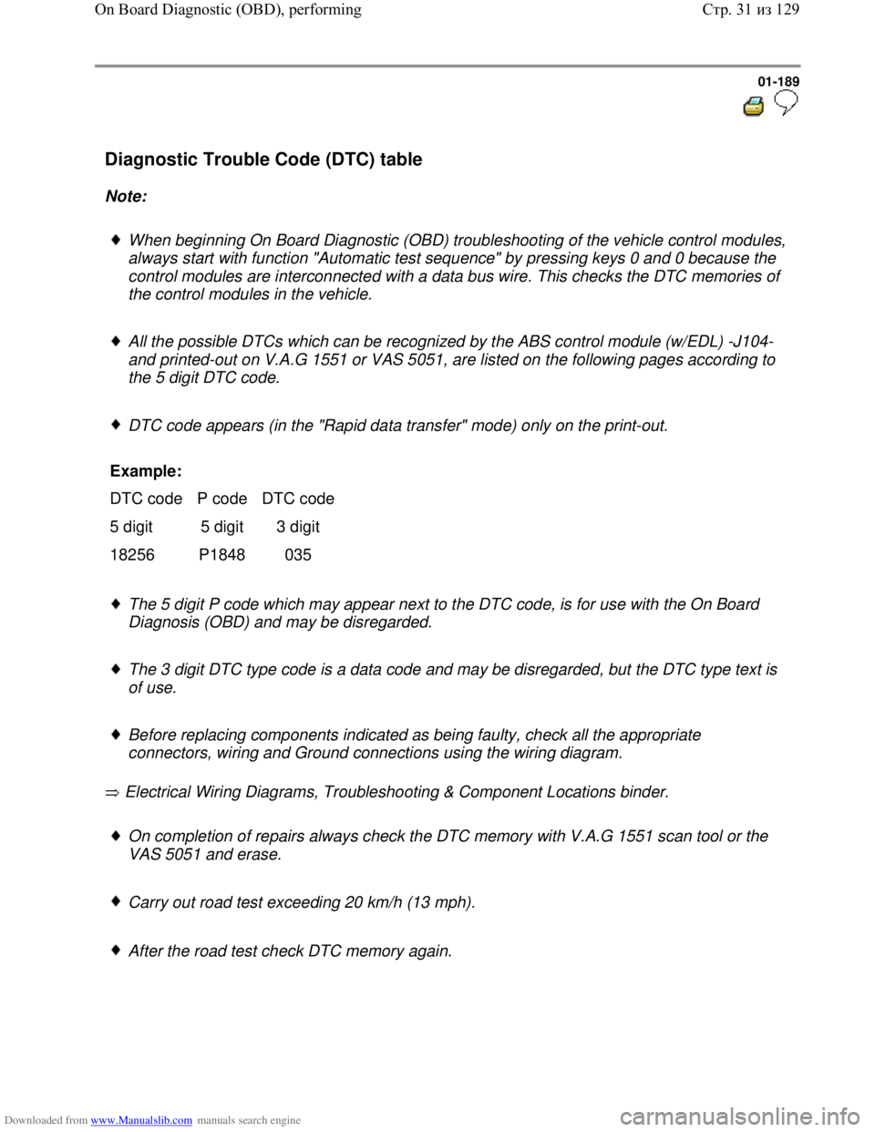 VOLKSWAGEN BORA 1998  Service Manual Downloaded from www.Manualslib.com manuals search engine 01-189
  
 
Diagnostic Trouble Code (DTC) table  
Note:  
 
When beginning On Board Diagnostic (OBD) troubleshooting of the vehicle control mod