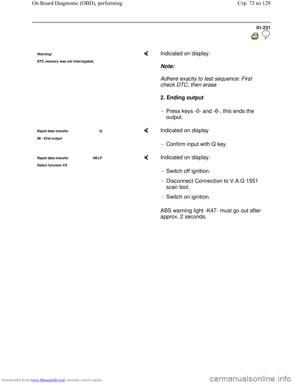 VOLKSWAGEN BORA 1998  Service Manual Downloaded from www.Manualslib.com manuals search engine 01-231
  
 
Warning!
DTC memor
y was not interrogated.
    Indicated on display:  
Note:  
Adhere exactly to test sequence: First 
check DTC, t