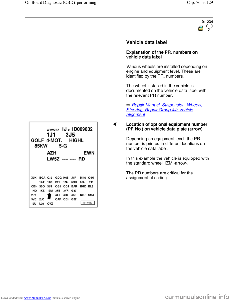 VOLKSWAGEN BORA 1998  Service Manual Downloaded from www.Manualslib.com manuals search engine 01-234
  
 
     Vehicle data label  
     
Explanation of the PR. numbers on 
vehicle data label  
      Various wheels are installed dependin