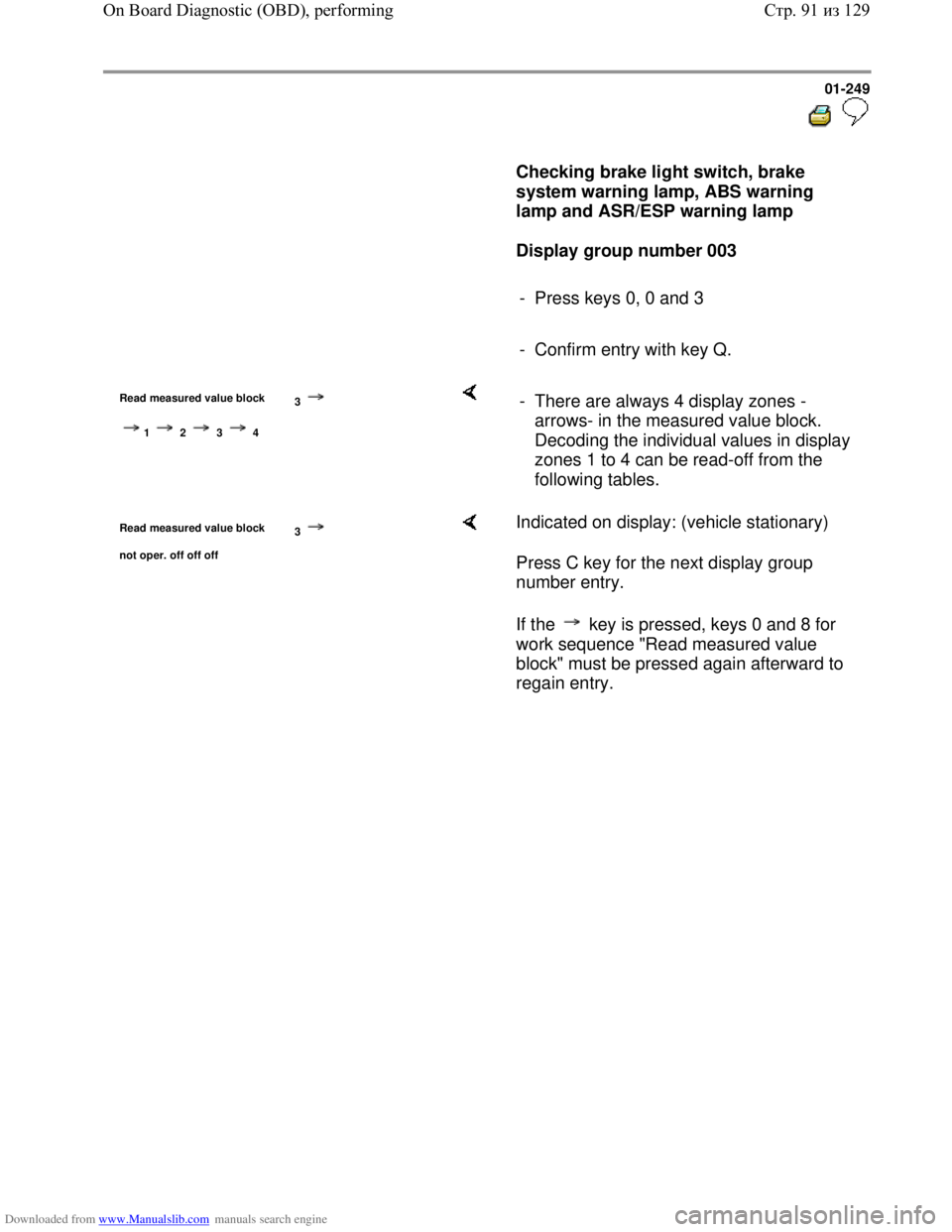 VOLKSWAGEN BORA 1998  Service Manual Downloaded from www.Manualslib.com manuals search engine 01-249
  
 
     
Checking brake light switch, brake 
system warning lamp, ABS warning 
lamp and ASR/ESP warning lamp  
     
Display group num