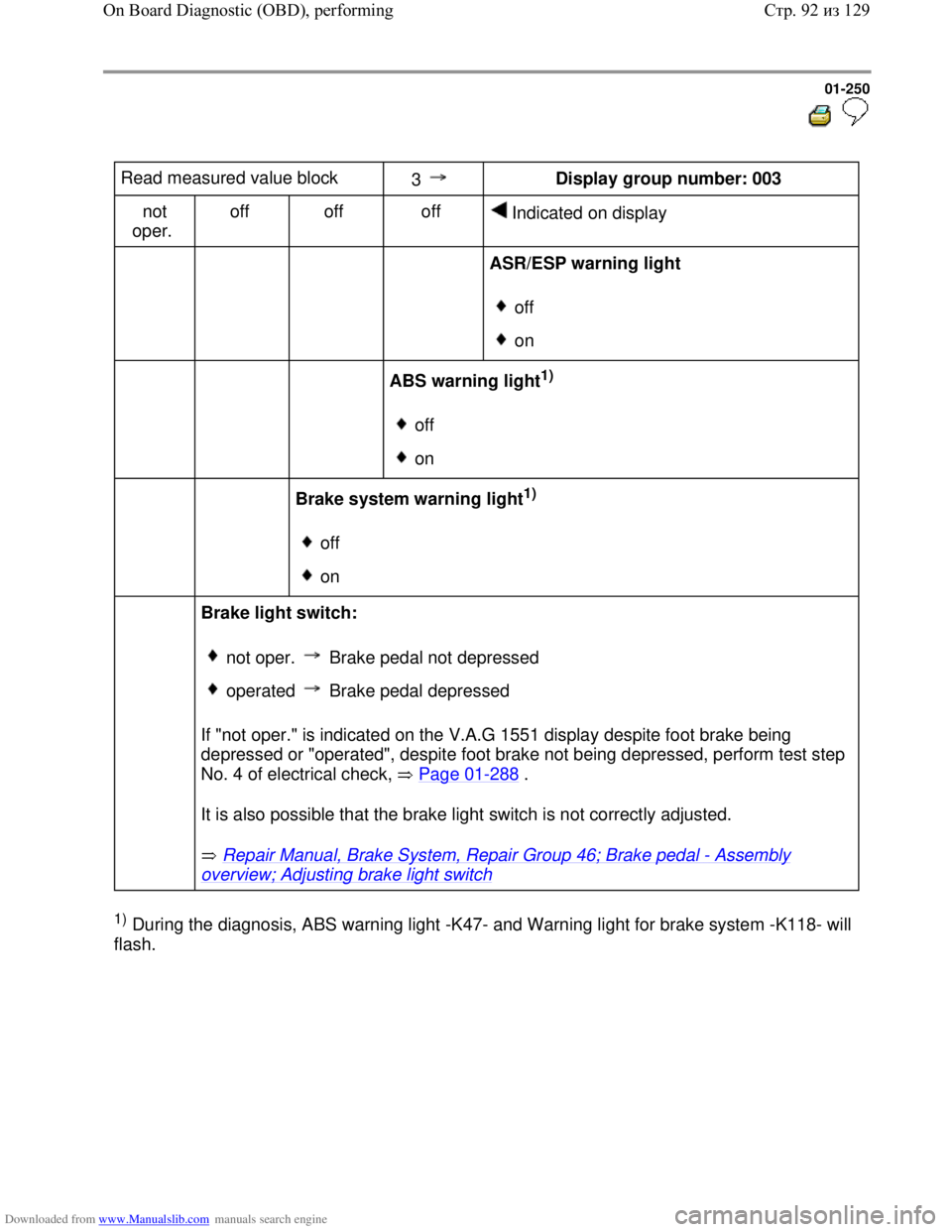 VOLKSWAGEN BORA 1998  Service Manual Downloaded from www.Manualslib.com manuals search engine 01-250
  
 
Read measured value block  
3   Display group number: 003  
not 
oper.  off   off   off  
 Indicated on display  
           
ASR/E
