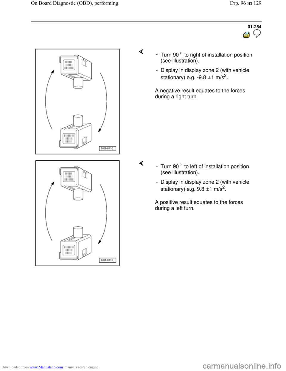 VOLKSWAGEN BORA 1998  Service Manual Downloaded from www.Manualslib.com manuals search engine 01-254
  
 
    
A negative result equates to the forces 
during a right turn.  - 
Turn 90  to right of installation position 
(see illustratio