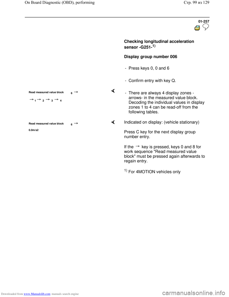 VOLKSWAGEN BORA 1998  Service Manual Downloaded from www.Manualslib.com manuals search engine 01-257
  
 
     
Checking longitudinal acceleration 
sensor -G251-
1)  
     
Display group number 006 
     
-  Press keys 0, 0 and 6 
     
