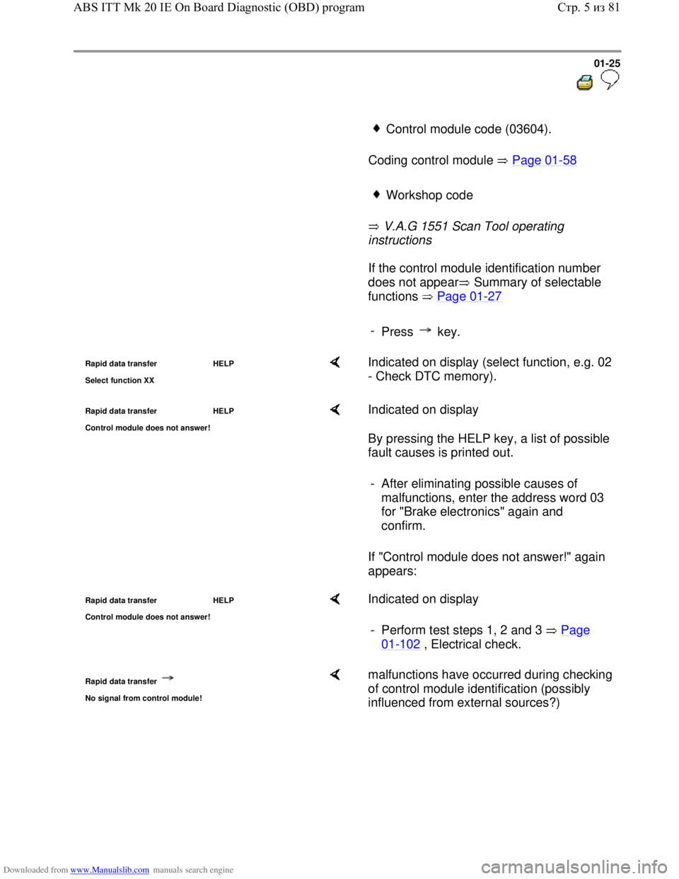 VOLKSWAGEN BORA 1998  Service Manual Downloaded from www.Manualslib.com manuals search engine 01-25
  
 
     Control module code (03604).
      Coding control module   Page 01
-58   
     Workshop code 
       V.A.G 1551 Scan Tool opera