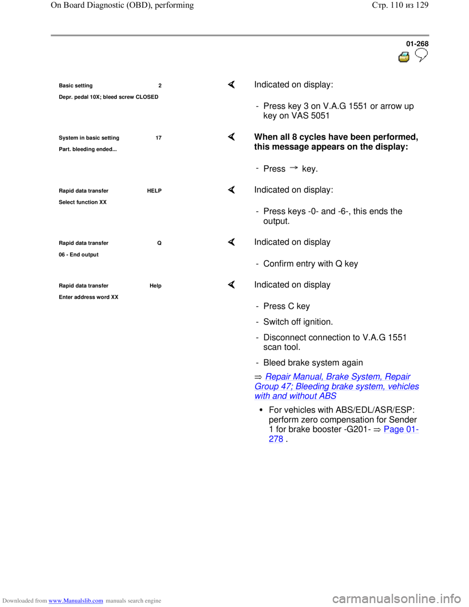 VOLKSWAGEN BORA 1998  Service Manual Downloaded from www.Manualslib.com manuals search engine 01-268
  
 
Basic setting 2
De
pr. pedal 10X; bleed screw CLOSED
    Indicated on display:  
-  Press key 3 on V.A.G 1551 or arrow up 
key on V