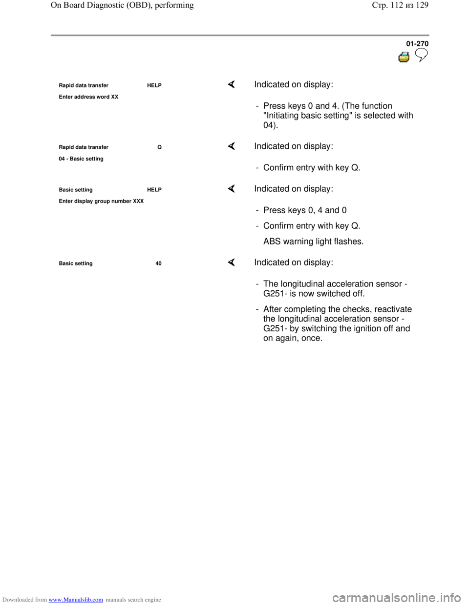 VOLKSWAGEN BORA 1998  Service Manual Downloaded from www.Manualslib.com manuals search engine 01-270
  
 
Rapid data transfer   HELP
Enter address word XX    Indicated on display:  
-  Press keys 0 and 4. (The function 
"Initiating basic