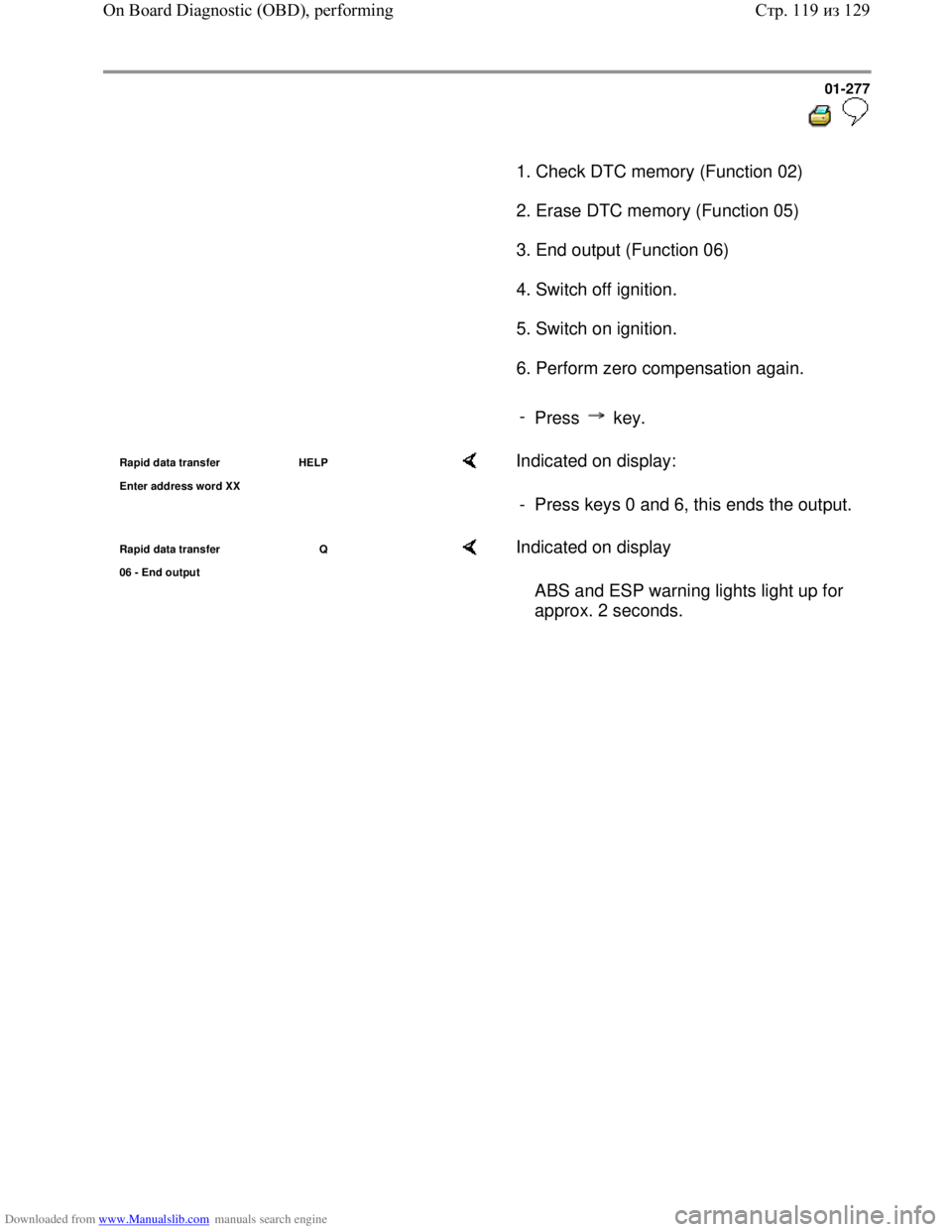 VOLKSWAGEN BORA 1998  Service Manual Downloaded from www.Manualslib.com manuals search engine 01-277
  
 
      1. Check DTC memory (Function 02)  
      2. Erase DTC memory (Function 05)  
      3. End output (Function 06)  
      4. Sw
