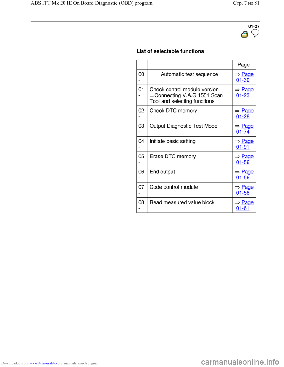 VOLKSWAGEN BORA 1998  Service Manual Downloaded from www.Manualslib.com manuals search engine 01-27
  
 
     
List of selectable functions  
     
      Page  
00 
-  Automatic test sequence    Page 
01-30   
01 
-  Check control module