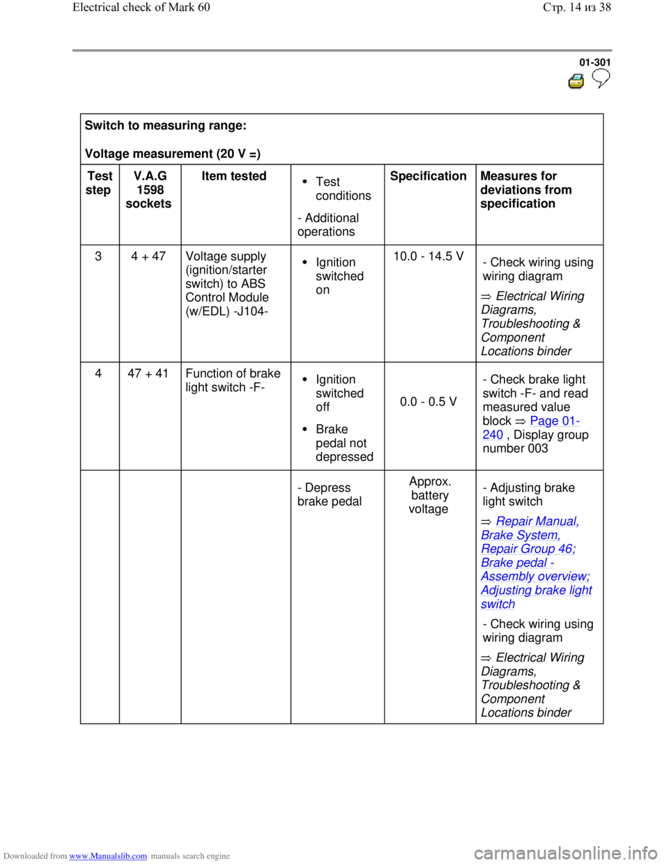 VOLKSWAGEN BORA 1998  Service Manual Downloaded from www.Manualslib.com manuals search engine 01-301
  
 
Switch to measuring range:  
Voltage measurement (20 V =)  
Test 
step  V.A.G 
1598 
sockets  Item tested  
Test 
conditions 
- Add