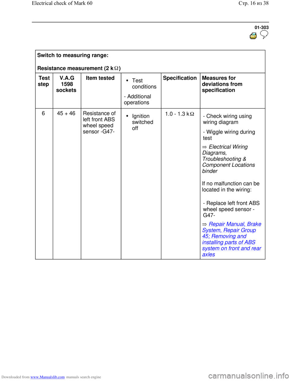 VOLKSWAGEN BORA 1998  Service Manual Downloaded from www.Manualslib.com manuals search engine 01-303
  
 
Switch to measuring range:  
Resistance measurement (2 k )  
Test 
step  V.A.G 
1598 
sockets  Item tested  Test 
conditions 
- Add