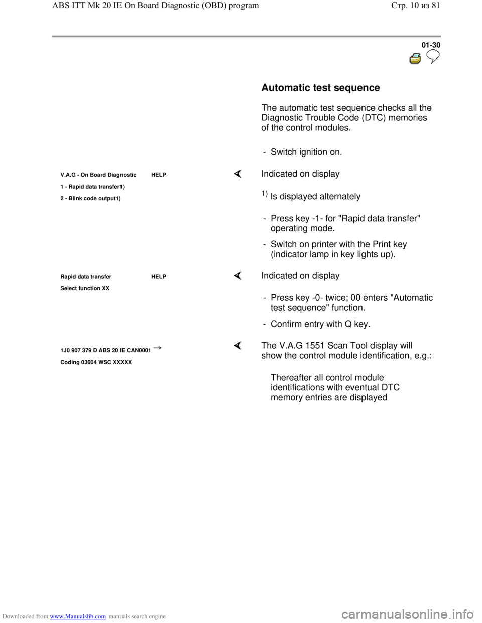 VOLKSWAGEN BORA 1998  Service Manual Downloaded from www.Manualslib.com manuals search engine 01-30
  
 
     Automatic test sequence  
      The automatic test sequence checks all the 
Diagnostic Trouble Code (DTC) memories 
of the cont