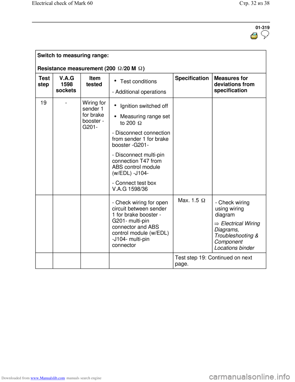 VOLKSWAGEN BORA 1998  Service Manual Downloaded from www.Manualslib.com manuals search engine 01-319
  
 
Switch to measuring range:  
Resistance measurement (200  /20 M  )  
Test 
step  V.A.G 
1598 
sockets  Item 
tested   Test conditio