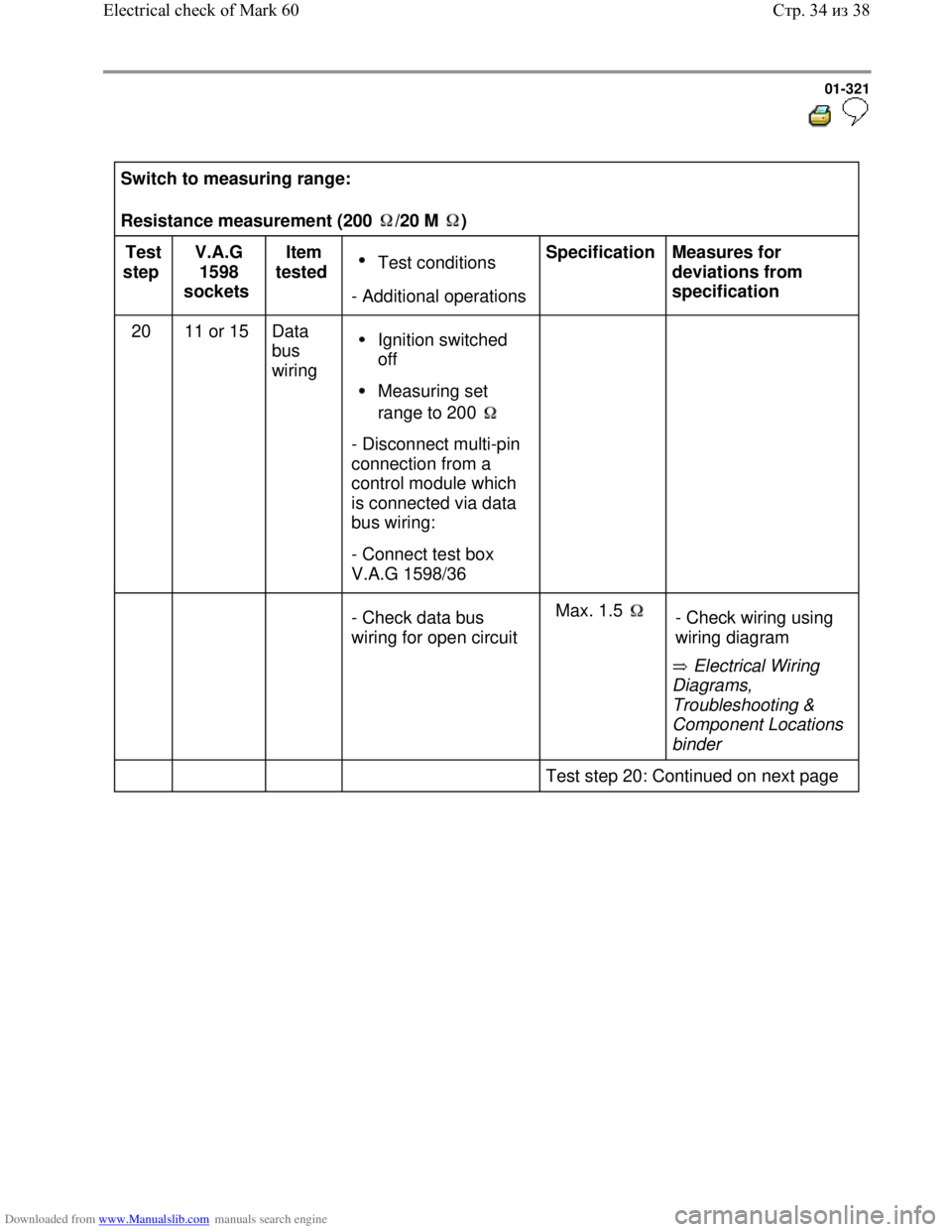 VOLKSWAGEN BORA 1998  Service Manual Downloaded from www.Manualslib.com manuals search engine 01-321
  
 
Switch to measuring range:  
Resistance measurement (200  /20 M  )  
Test 
step  V.A.G 
1598 
sockets  Item 
tested   Test conditio