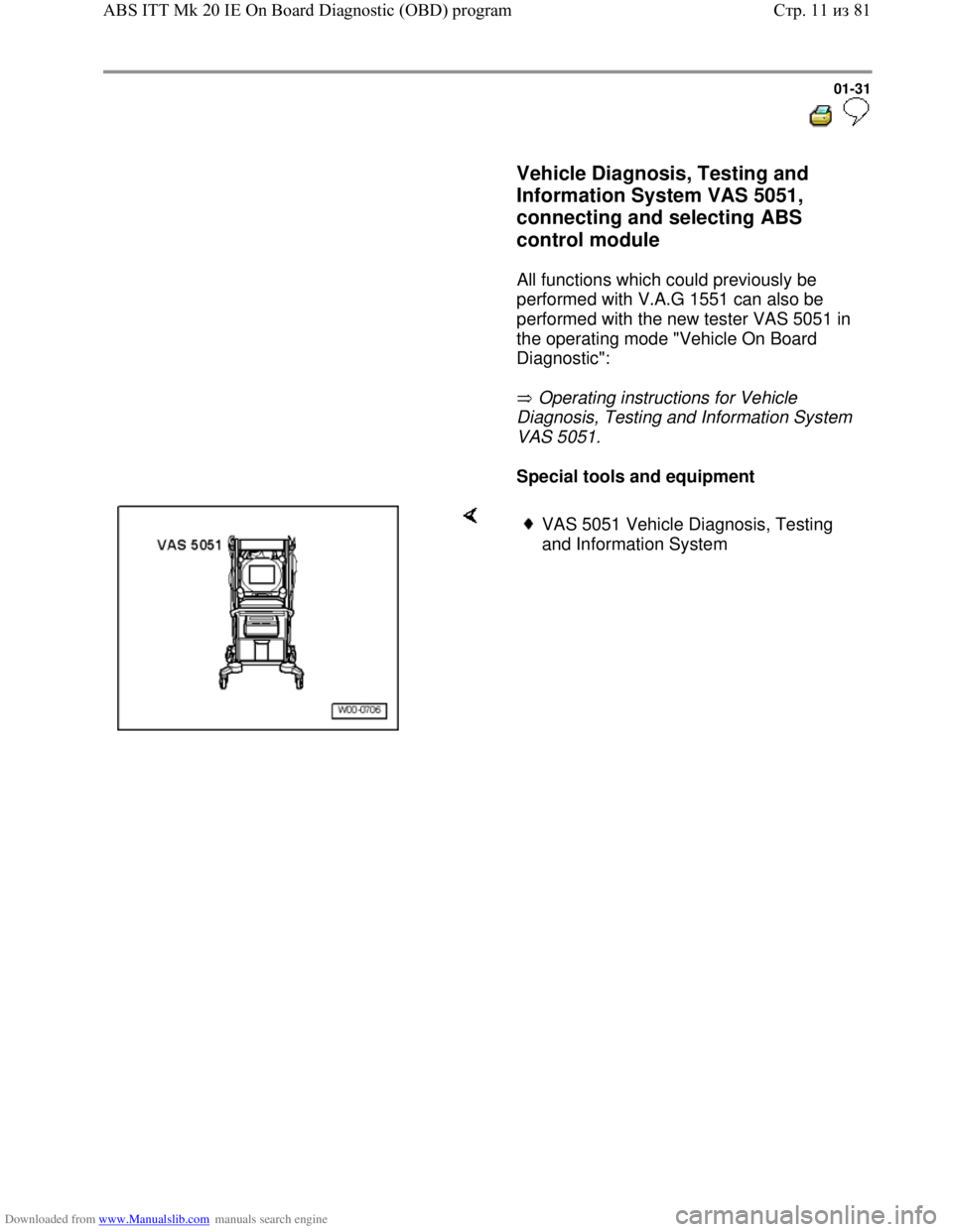 VOLKSWAGEN BORA 1998  Service Manual Downloaded from www.Manualslib.com manuals search engine 01-31
  
 
     Vehicle Diagnosis, Testing and 
Information System VAS 5051, 
connecting and selecting ABS 
control module 
 
      All functio