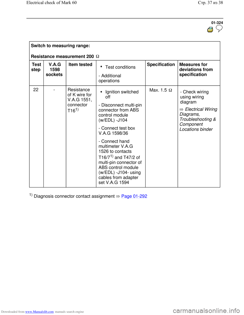 VOLKSWAGEN BORA 1998  Service Manual Downloaded from www.Manualslib.com manuals search engine 01-324
  
 
Switch to measuring range:  
Resistance measurement 200    
Test 
step  V.A.G 
1598 
sockets  Item tested  Test conditions 
- Addit